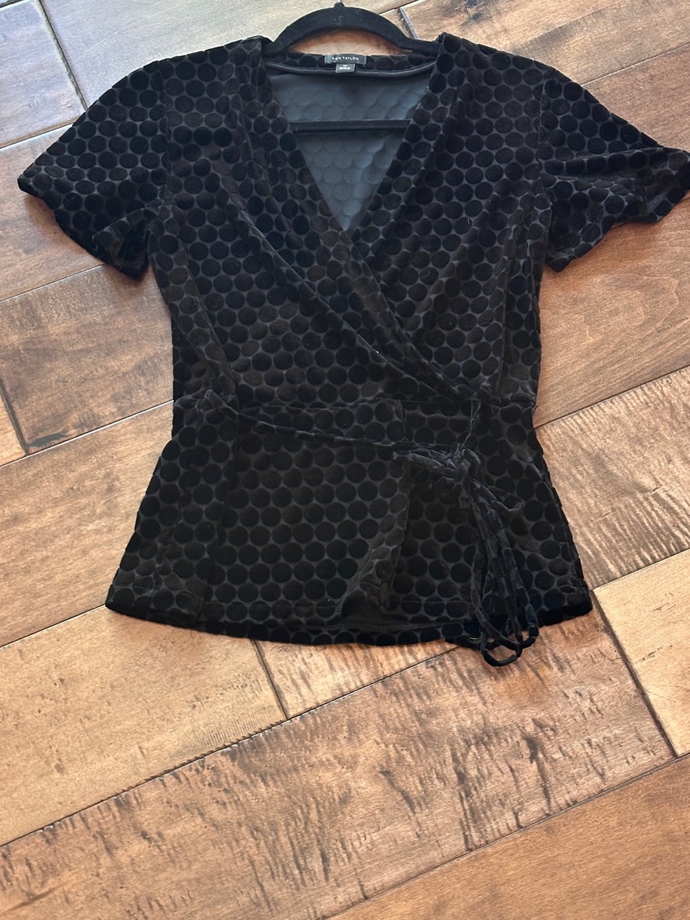 Ann Taylor Black Velvet Polka-Dot Wrap Top XS